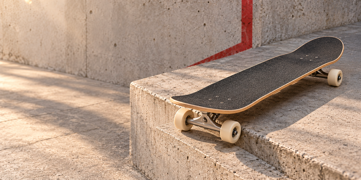 Skateboard Completes auf hellem Beton im warmen Sonnenlicht
