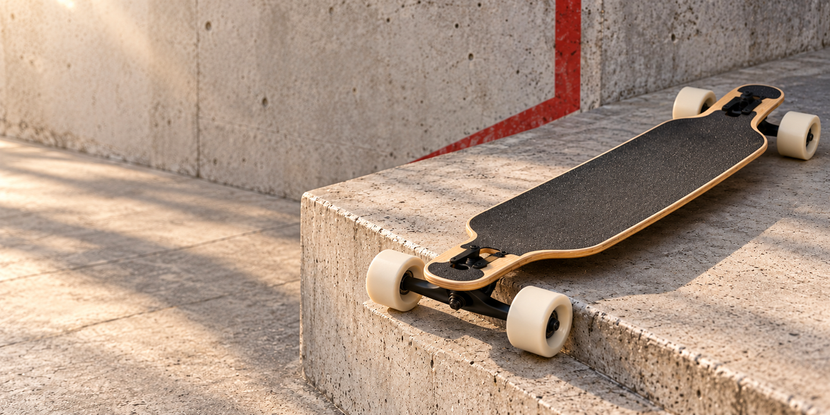 Longboard Completes auf hellem Beton im warmen Sonnenlicht