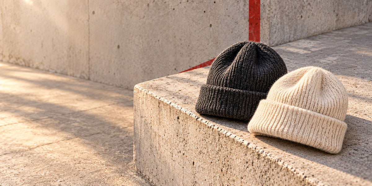 Beanies auf hellem Beton im warmen Sonnenlicht