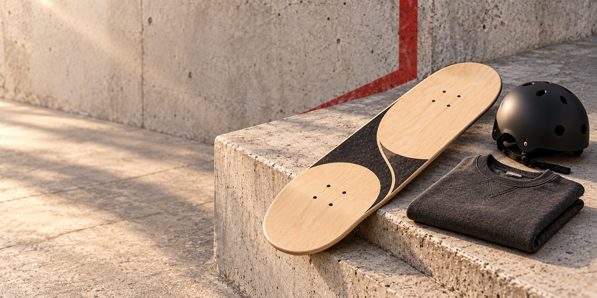 Skateboard-Deck, schwarzer Skatehelm und Sweatshirt auf einer sonnigen Betonstufe