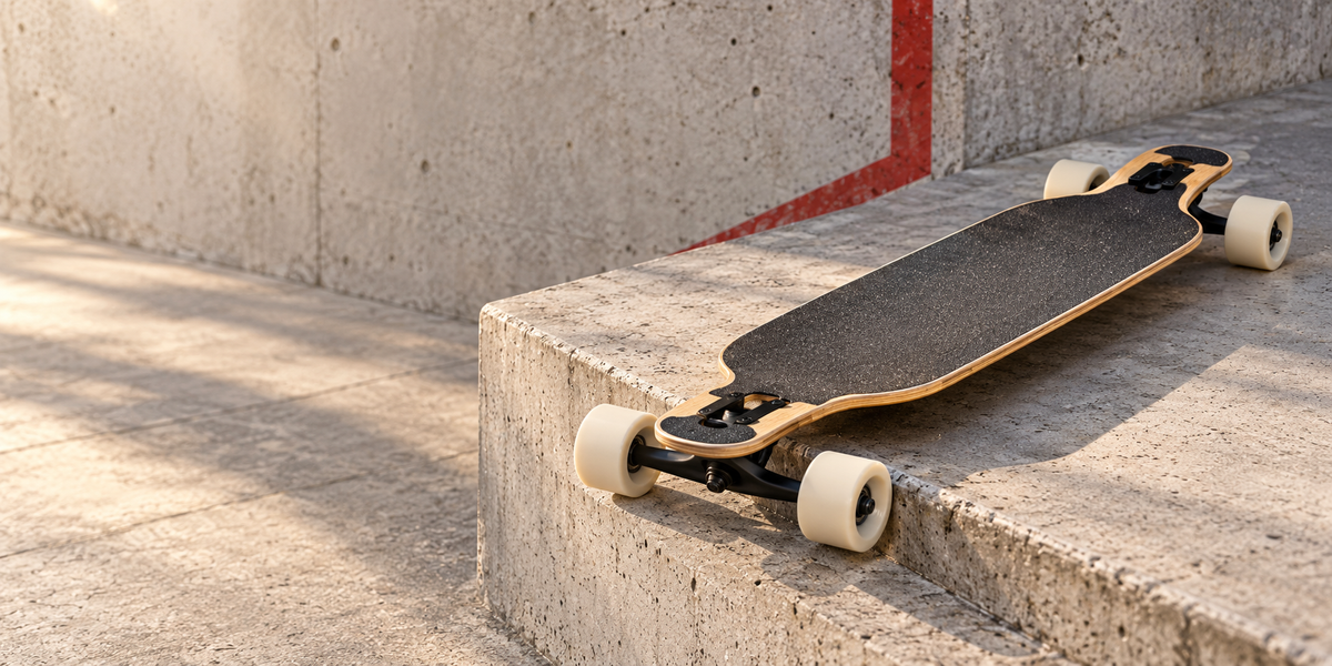 Longboard aus Ahorn mit schwarzen Achsen und cremefarbenen Rollen auf einer Betonstufe