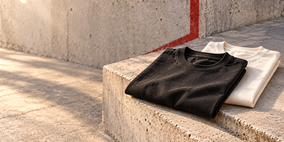 T-Shirts auf hellem Beton im warmen Sonnenlicht